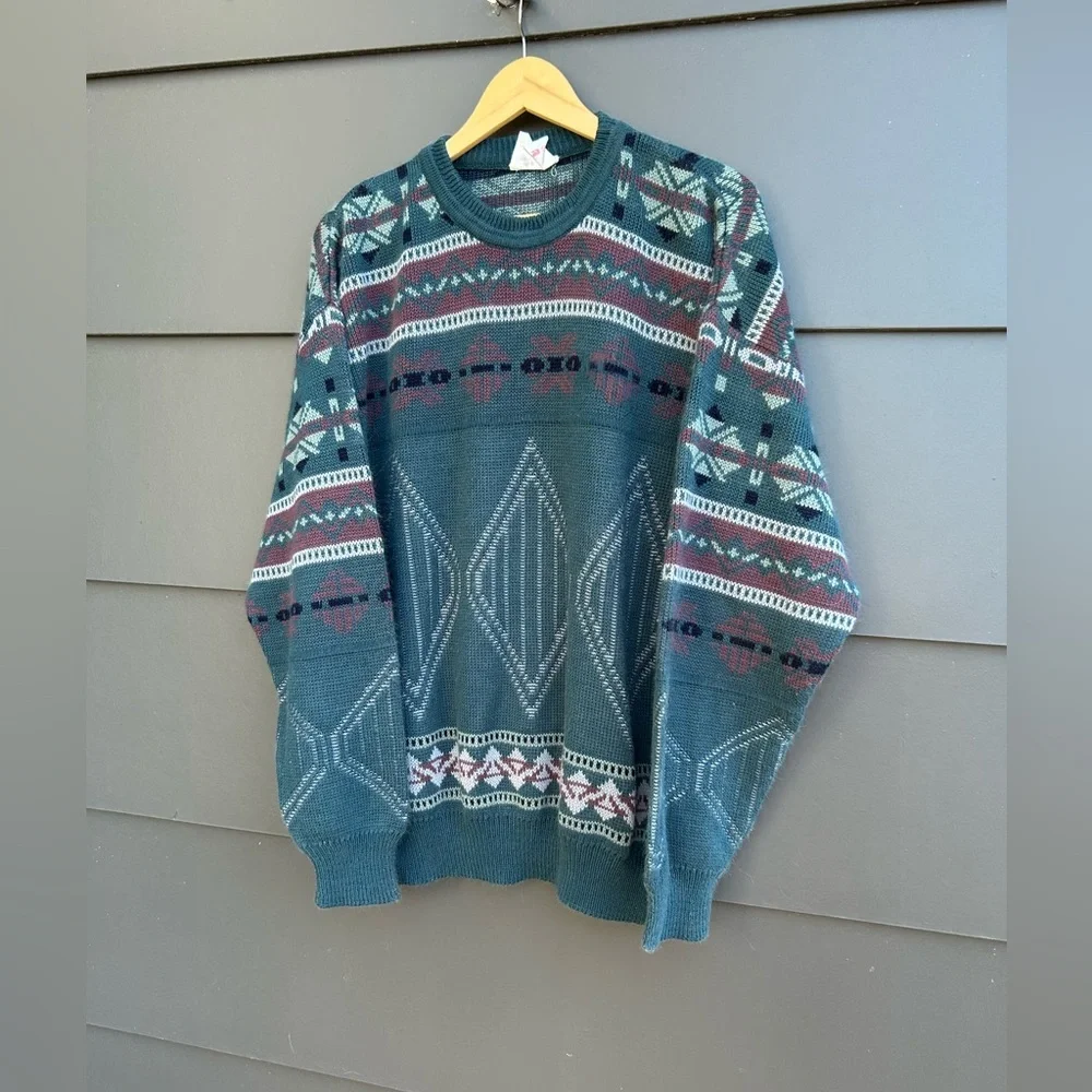 Vintage Geometric/Aztec Patterned Sweater - Green/brown/grey - Oversized XL - Picture 5 of 7